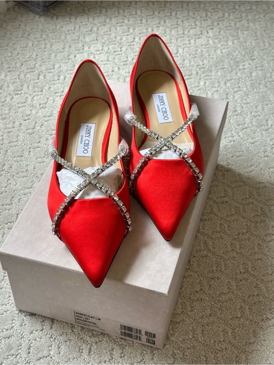 Jimmy Choo Shoes - Jimmy Choo Red Satin Pointed Flats with Crystal Cross Straps. Size 40
